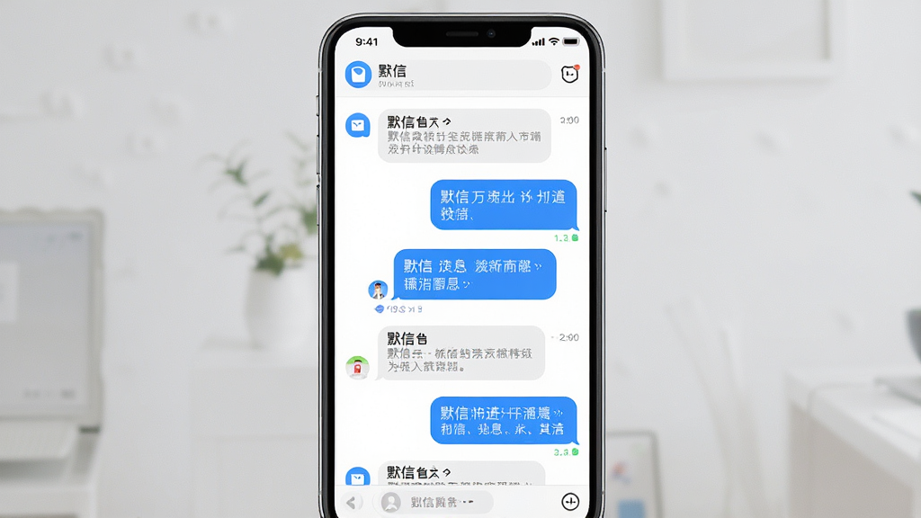 一张展示默信聊天界面的手机屏幕截图,主体为一部现代智能手机,屏幕显示默信应用内的对话列表和聊天气泡,布局居中,排版简洁,风格为干净现代的科技感UI设计,细节包括蓝色与白色的配色方案、圆角图标、清晰的消息预览文字,画质高清,画面干净,无多余元素