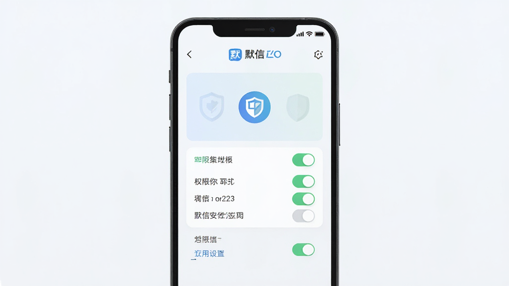 一张展示手机安全设置的示意图,主体为手机屏幕显示默信的应用权限管理页面,布局居中,排版清晰,风格为扁平化UI设计,细节包括权限开关按钮、盾牌图标、浅色背景、默信Logo,画质高清,干净,无多余元素