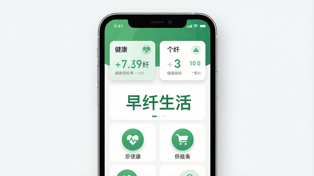 早纤生活手机应用界面展示,主体为一部智能手机屏幕显示健康管理App首页,布局采用上下结构上方为个人健康数据卡片下方为功能入口图标,排版简洁清晰,风格为现代扁平化设计,细节包含绿色主色调、圆形图标、柔和阴影,画质高清干净无多余元素,画面中央显示文字