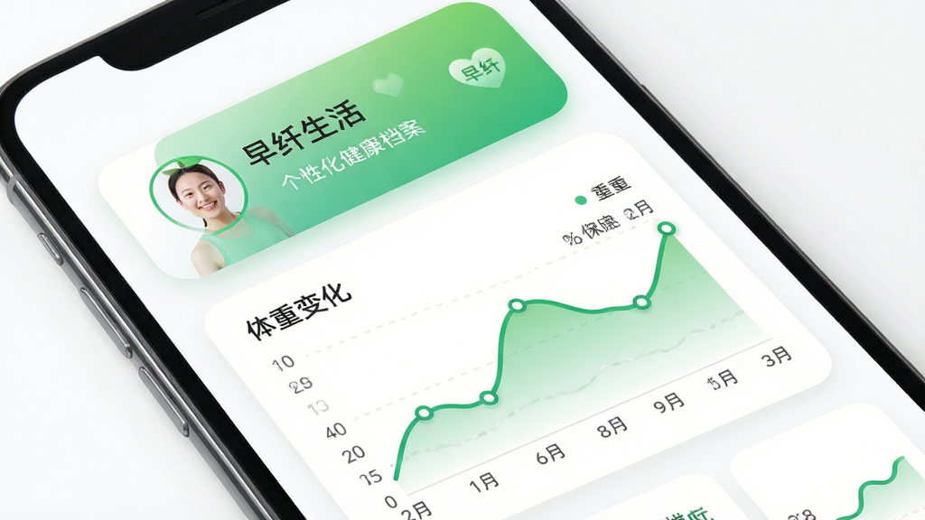 早纤生活App个性化健康档案页面,主体为手机屏幕展示用户健康数据图表,布局为上方个人信息卡片下方折线图展示体重变化,排版整齐有序,风格清新简约,细节包含绿色渐变图表、圆角卡片、白色背景,画质高清干净无多余元素,画面中显示文字