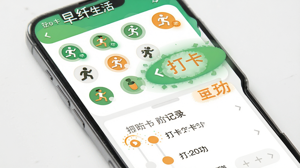 早纤生活App运动打卡功能界面,主体为手机屏幕显示运动类型选择列表和打卡按钮,布局为上方运动图标网格下方打卡记录时间线,排版清晰明了,风格活力清新,细节包含绿色和橙色搭配、圆形运动图标、打卡成功动画效果,画质高清干净无多余元素,画面中显示文字