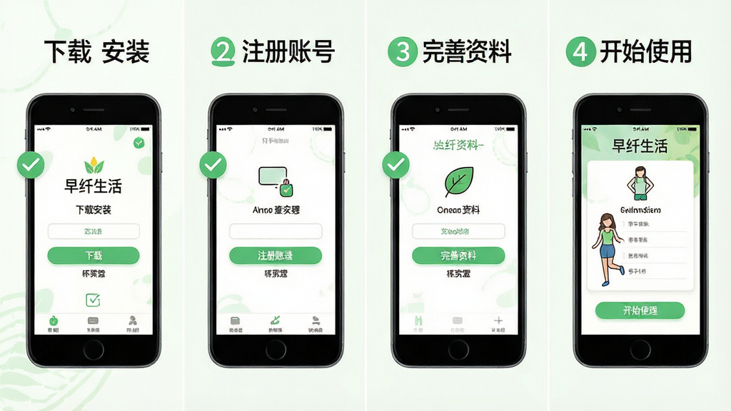 早纤生活App新手使用教程示意图,主体为手机屏幕分步骤展示注册登录和设置流程,布局为四格分镜从左到右依次展示下载安装、注册账号、完善资料、开始使用,排版图文结合,风格清新明快,细节包含绿色勾选标记、步骤数字、简洁图标,画质高清干净无多余元素,画面中显示文字