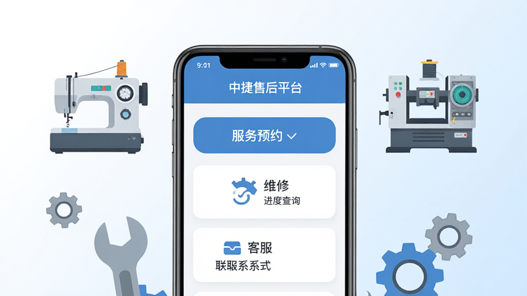 画面中央展示一部智能手机,手机屏幕中显示中捷售后平台的APP界面,界面布局包含服务预约按钮、维修进度查询、客服联系方式等模块。手机周围环绕着缝纫机、机床等设备图标以及工具扳手和齿轮元素,背景采用干净的白色到浅蓝色的渐变。整体风格为扁平化科技插画风,细节干净清晰,文字标注“中捷售后平台”,画质高清,无多余元素。