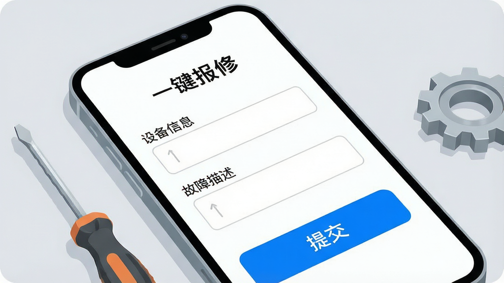 画面展示一个明亮的手机屏幕特写,屏幕中显示“一键报修”功能界面,有填写设备信息和故障描述的输入框,一个醒目的蓝色提交按钮。手机旁边放着一把螺丝刀和一个齿轮,背景为柔和的浅灰色。整体风格为简洁的UI展示插画,细节清晰,文字标注“中捷售后平台”,画质高清,干净整洁,无多余元素。