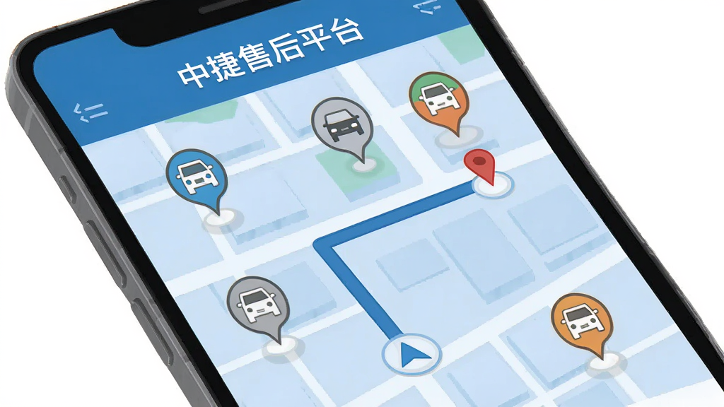画面展示手机地图界面,地图上标注了多个维修网点图标,一条导航路线从当前位置指向最近的网点。手机屏幕上方显示“中捷售后平台”字样,背景为淡蓝色网格地图风格。整体风格为扁平化地图插画,细节清晰,画质高清,干净无多余元素。