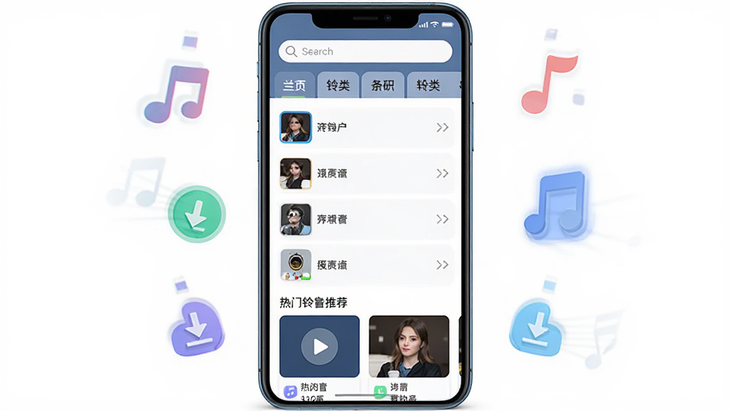 免费来电铃声软件主界面展示,画面中央是一部智能手机,屏幕中显示铃声分类列表和播放按钮,周围环绕着音符和下载箭头图标,布局简洁清晰,排版为竖版手机海报风格,风格为现代科技感扁平化设计,细节包括顶部搜索框、分类标签和热门铃声推荐卡片,画质高清,干净,无多余元素