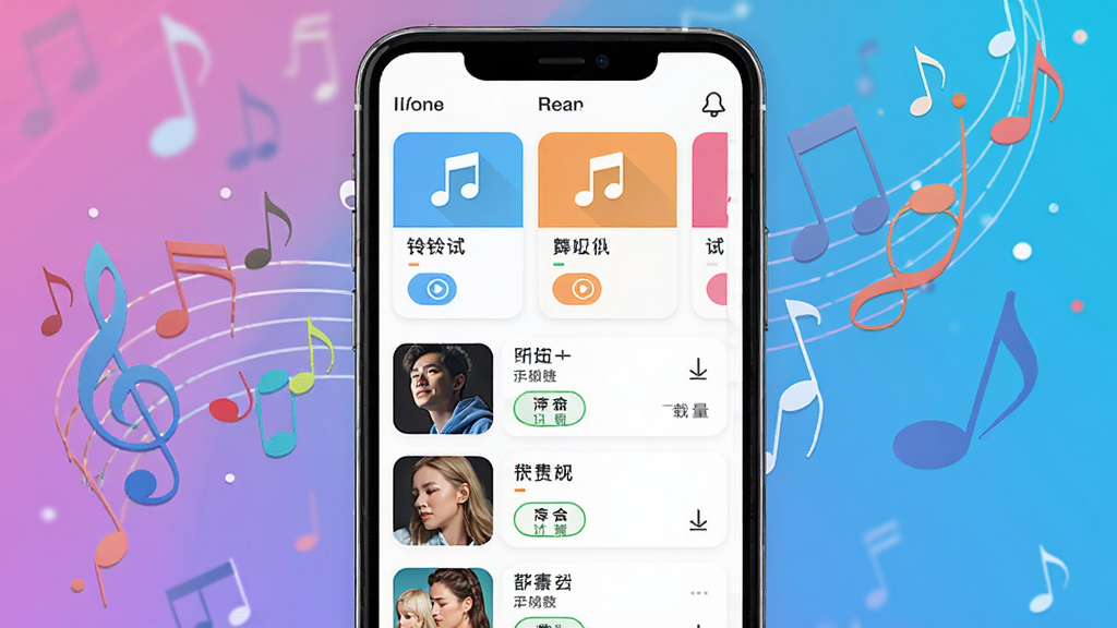免费来电铃声软件的海量曲库界面,画面主体是手机屏幕中展示多个铃声分类卡片和歌曲列表,背景是音符飘动的抽象图案,布局为上下结构,排版整齐,风格为清新明快的扁平化UI风格,细节包括分类图标、歌曲名称、试听按钮和下载量显示,画质高清,干净,无多余元素