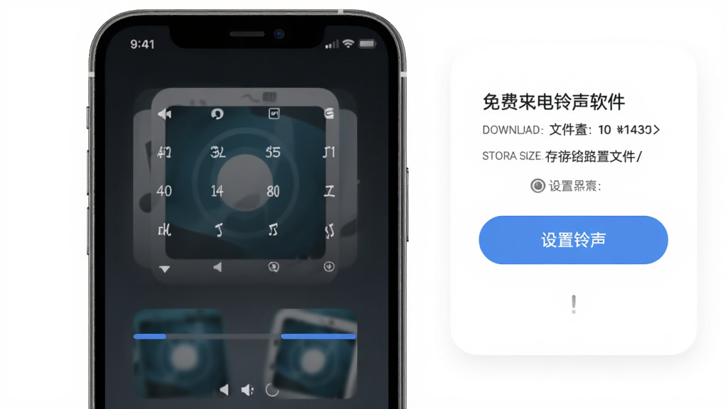 免费来电铃声软件的一键下载操作界面,画面展示手机屏幕中一首歌曲正在下载的进度条和完成提示,旁边有设置铃声的按钮,布局为居中卡片式,排版简洁,风格为现代简约科技风,细节包括下载速度、文件大小和存储路径提示,画质高清,干净,无多余元素