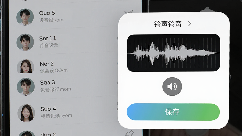 免费来电铃声软件的铃声设置界面,画面展示手机屏幕中联系人列表和铃声选择弹窗,布局为分栏式,排版清晰,风格为柔和圆角卡片设计,细节包括裁剪波形图、试听按钮和保存选项,画质高清,干净,无多余元素