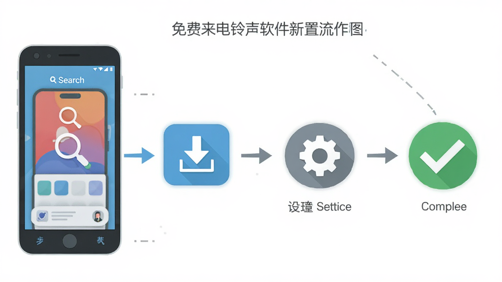 免费来电铃声软件的新手操作流程图,画面展示手机屏幕从搜索铃声到设置成功的四个步骤示意,布局为横向流程图,排版清晰,风格为扁平化信息图设计,细节包括搜索图标、下载按钮、设置齿轮和完成勾选标记,画质高清,干净,无多余元素