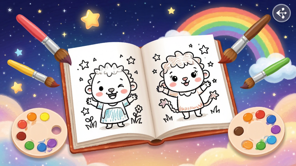 一张色彩斑斓的儿童涂色绘本应用界面截图,画面中央是一本打开的线稿画册,周围漂浮着五颜六色的画笔和调色盘,背景是梦幻的星空与彩虹,整体风格温馨治愈,画质高清,干净无多余元素