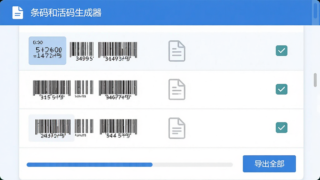 画面描绘“条码和活码生成器”批量生成进度界面,屏幕上显示一列正在生成的条码缩略图,下方有进度条和“导出全部”按钮。布局为纵向列表,风格为简约商务蓝白配色,细节有文件图标和勾选状态,画质干净清晰,无多余装饰。