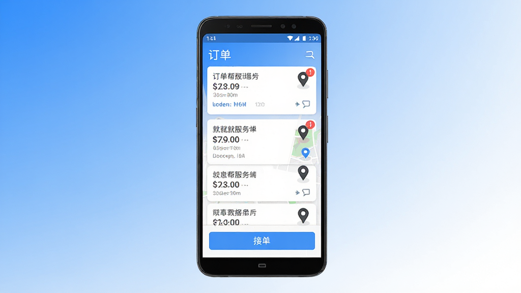 帮就帮服务端 手机应用主界面展示图,画面中央一部安卓手机,屏幕上显示订单列表与接单按钮,背景为简洁的蓝白渐变色调,布局清晰,排版规整,风格现代商务,细节包含订单卡片、地图定位图标、消息通知角标,画质高清,干净,无多余元素