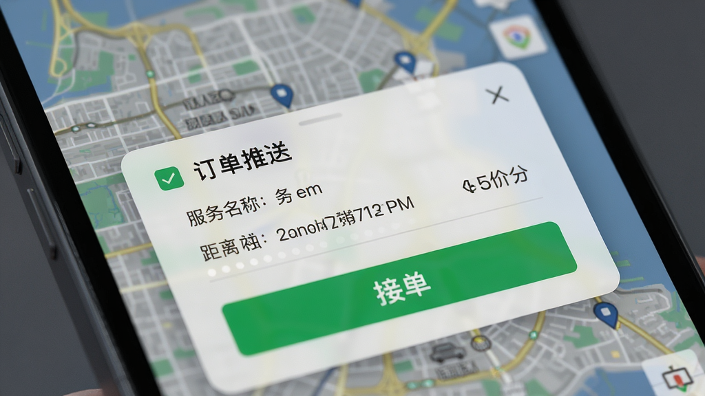 帮就帮服务端 订单推送界面特写图,画面展示手机屏幕弹出新订单通知,包含服务名称、距离、价格等信息,背景为模糊的城市地图,风格写实科技感,细节有通知弹窗与接单按钮,画质清晰,干净,无多余元素