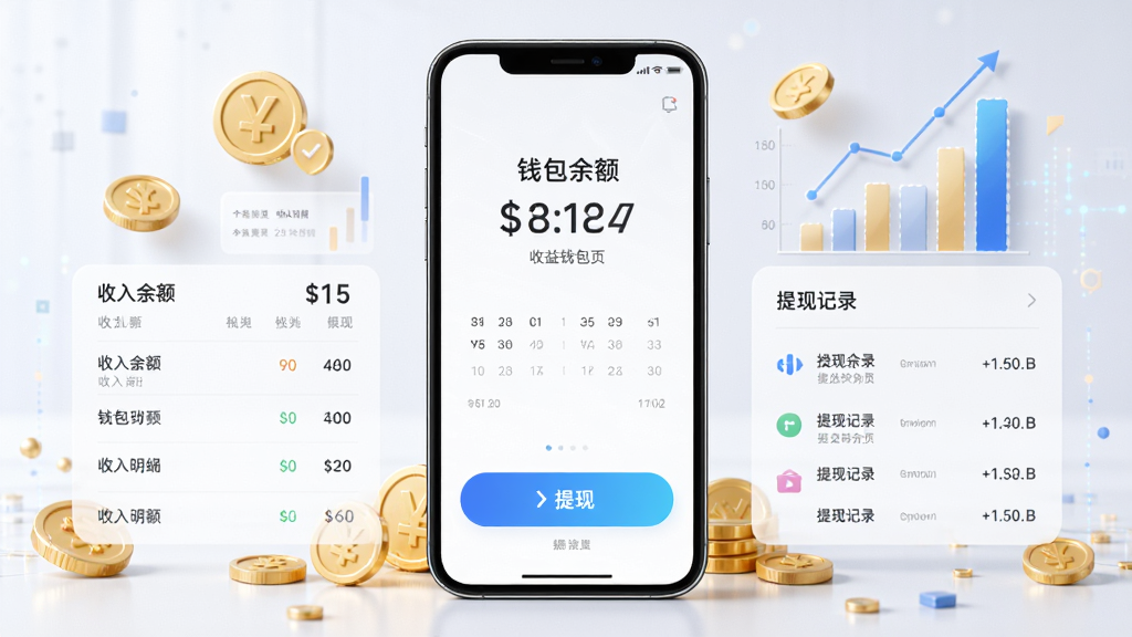 帮就帮服务端 收益钱包页面展示图,画面中央手机屏幕显示钱包余额与提现按钮,背景有金币与图表装饰元素,风格金融科技感,布局对称,细节包含收入明细列表与提现记录,画质高清,干净,无多余元素