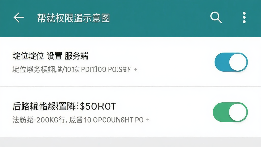 帮就帮服务端 手机权限设置界面示意图,画面展示安卓手机设置页面中的定位权限与后台运行权限开关,背景为系统设置界面风格,布局清晰,细节有权限开关按钮与说明文字,画质高清,干净,无多余元素