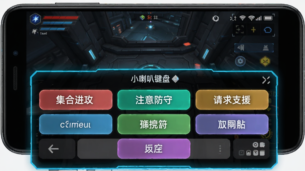 一部安卓手机横屏显示游戏画面,屏幕下方弹出“小喇叭键盘”快捷短语面板,面板上有多个彩色短语按钮,如“集合进攻”“注意防守”“请求支援”等,画面风格为科技感深色主题,键盘面板带有发光边框,布局清晰,画质干净,无多余元素