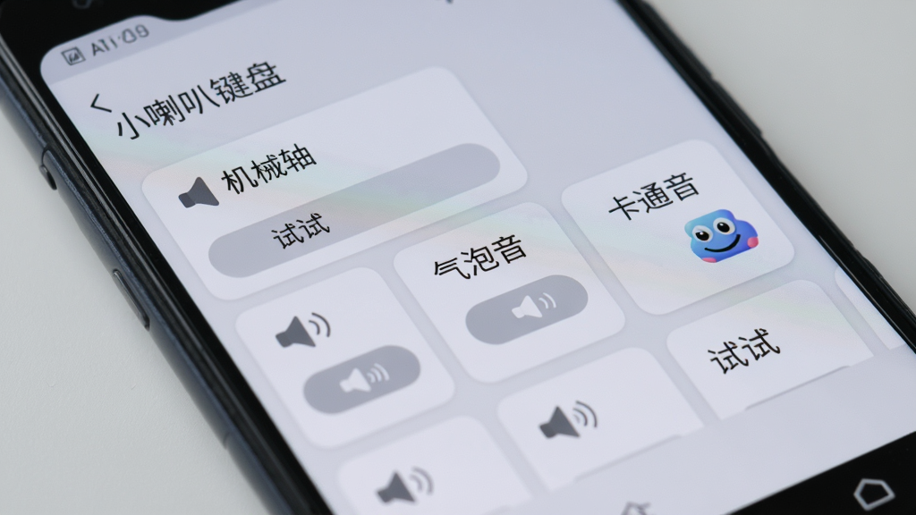 一张特写图片展示安卓手机屏幕上的“小喇叭键盘”设置界面,界面中有多个音效选项卡片,分别标注“机械轴”“气泡音”“卡通音”等,卡片带有小喇叭图标和试听按钮,背景为柔和的浅灰色,排版整齐,画质细腻,无多余装饰