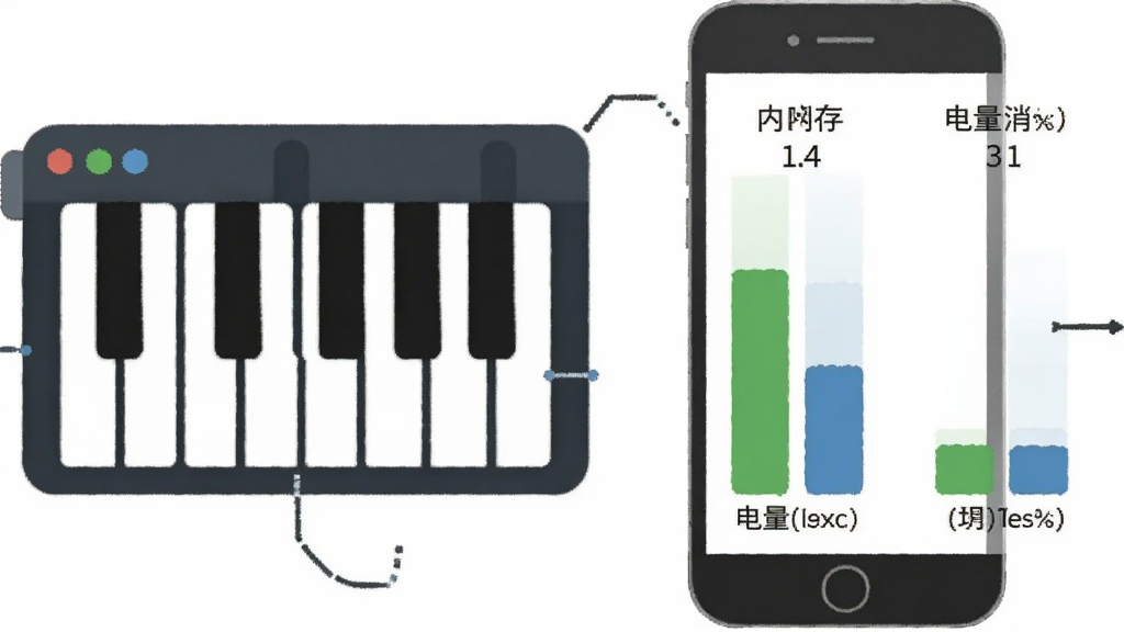 一张信息图风格的图片,画面左侧是“小喇叭键盘”的图标,右侧是手机资源占用对比图表,显示内存占用和电量消耗均处于较低水平,图表使用绿色和蓝色柱状条,背景为白色,整体风格简洁商务,画质清晰,无多余元素