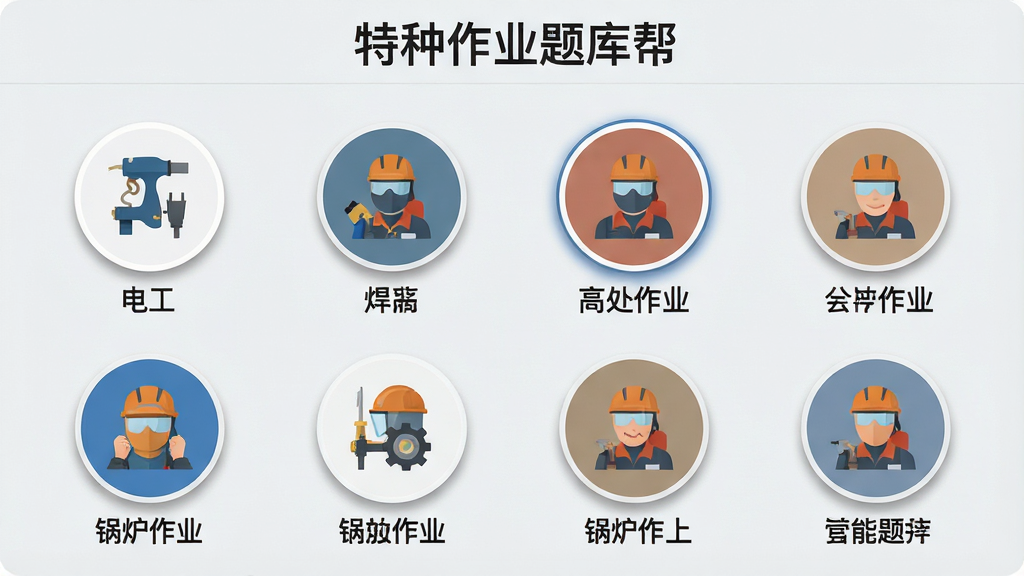 一张展示特种作业题库帮内多个工种分类的界面截图风格AI图,画面中排列着电工、焊工、高处作业、锅炉作业等圆形图标,每个图标下方标注工种名称,背景为干净的浅灰色,顶部有