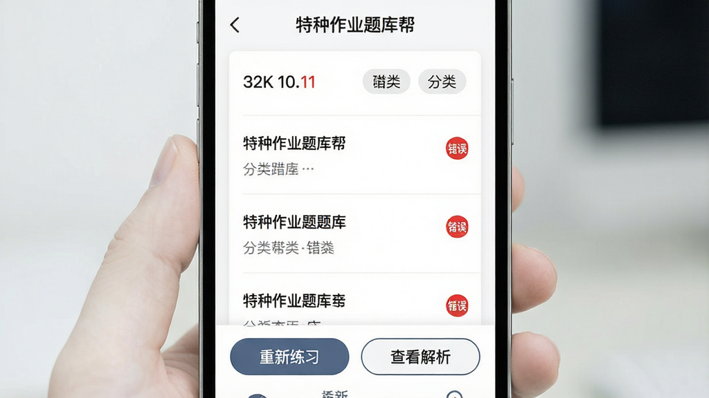 一张展示特种作业题库帮错题本功能的手机界面图,屏幕中央显示错题列表和红色错误标记,底部有
