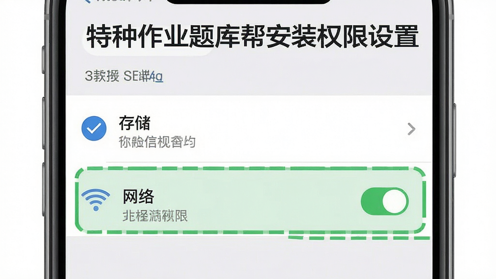一张展示特种作业题库帮安装权限设置界面的示意图,画面中手机屏幕显示应用权限管理列表,
