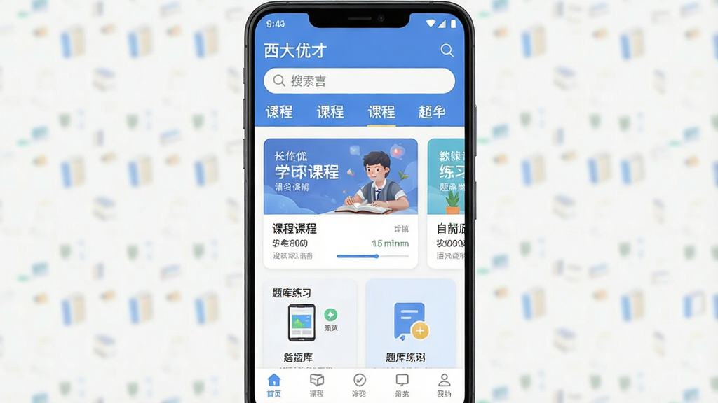 һ���ֻ�Ӧ�ý���չʾͼ������������һ��������׿�ֻ�����Ļ��չʾ�������Ųš�ѧϰӦ����ҳ��ҳ�涥������������γ̷����ǩ���в�Ϊ�γ̿�Ƭ�������ϰ��ڣ��ײ�Ϊ�����������岼�ּ�����������Ϊ�ִ���ƽ��������APP���棬ϸ�ڰ���ͼ�ꡢ���ֱ�ǩ������������������ɾ����޶���Ԫ��
