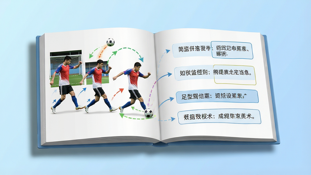 一张展示简单足球图文解析功能的图片,画面中一本打开的电子画册悬浮在空中,画册页面左侧显示足球射门动作的连续分解照片,右侧为对应的文字要点说明和箭头标注,背景为淡蓝色渐变,布局采用左右分栏,风格为清新教育风,细节包括画册边缘的阴影效果、分解图中的足球轨迹线、文字标注框,画质2K高清,干净整洁,无多余元素
