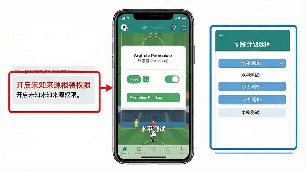 一张展示简单足球新手操作指引的示意图,画面中央为一部竖屏手机,手机屏幕上显示简单足球APP的安装权限设置页面和水平测试界面,画面左侧用红色标注框突出显示开启未知来源权限的步骤,右侧用蓝色标注框显示训练计划选择界面,布局采用左右对比式,风格为扁平化UI设计风,细节包括手机状态栏信号图标、权限开关按钮、测试题目选项,画质高清,干净整洁,无多余元素