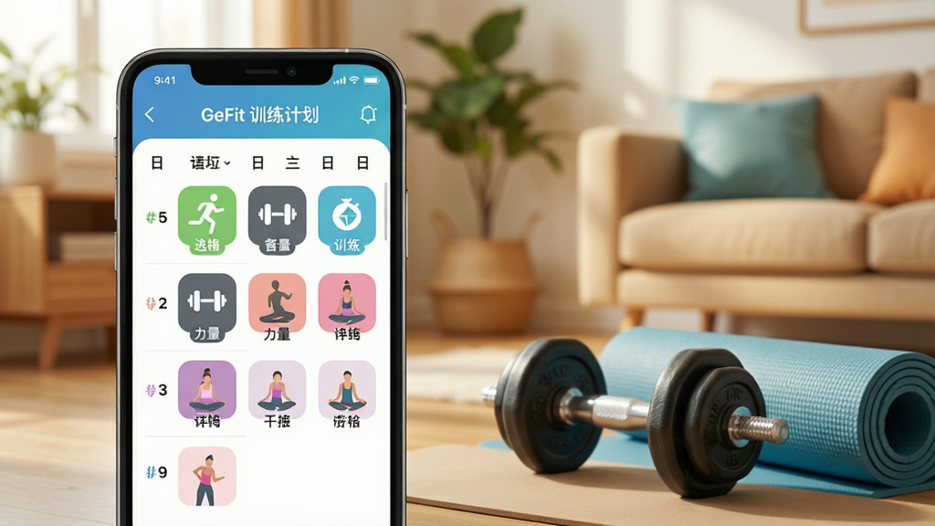 һ��չʾGeFit���Ի�ѵ���ƻ������AI��ͼ����������Ϊ�ֻ���Ļ��ʾһ��ѵ���ճ̱��������ܲ�������ѵ�����٤��ͼ�꣬�Ա���������٤�棬����Ϊ��ܰ�Ҿӻ���������������죬�����������ɾ��޶���Ԫ�أ�ͼƬ�����ֱ�ע��GeFit ѵ���ƻ���