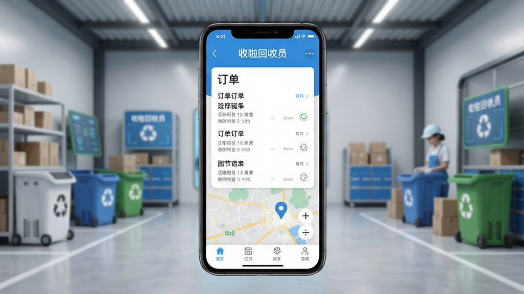 画面中央是一部智能手机,屏幕上显示“收啦回收员”APP的主界面,界面包含订单列表和地图定位元素,背景是整洁的回收站点,风格写实科技感,细节清晰,画质高清,干净,无多余元素
