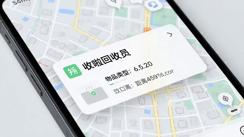 一部手机屏幕特写,屏幕上弹出“收啦回收员”新订单通知卡片,卡片上显示物品类型和距离信息,背景是城市街道地图,风格现代简洁,细节丰富,画质清晰,干净,无多余元素
