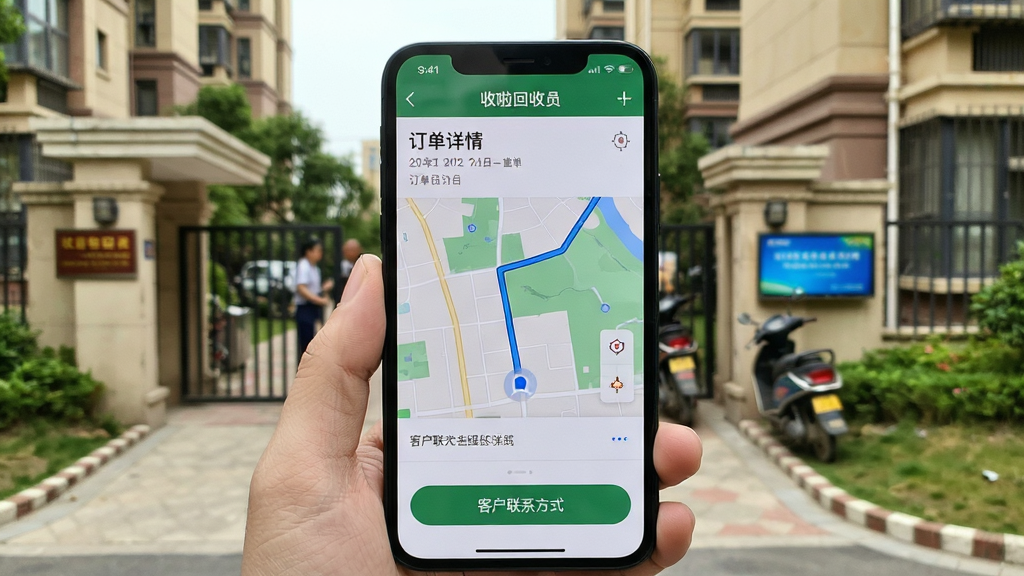 手机屏幕显示“收啦回收员”订单详情页,页面包含地图导航路线和客户联系方式按钮,背景是居民小区门口,风格生活化写实,细节清晰,画质高清,干净,无多余元素