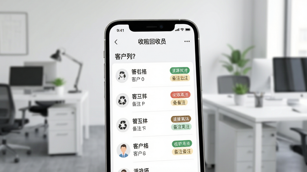 手机屏幕显示“收啦回收员”客户列表页面,列表项包含客户姓名和备注标签,背景是简约的办公环境,风格干净利落,细节清晰,画质高清,干净,无多余元素