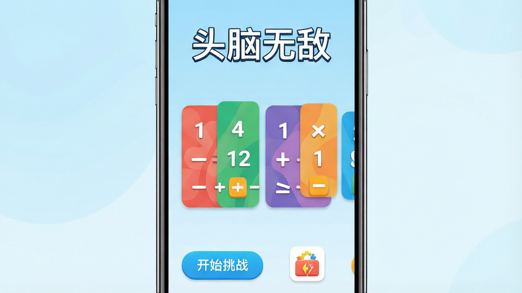 一张展示头脑无敌软件主界面的手机屏幕截图,画面中央是色彩明快的数字运算卡片,背景为淡蓝色渐变,屏幕上方显示“头脑无敌”四个大字,下方有开始挑战按钮和排行榜图标,整体风格清新简洁,画质清晰,干净无多余元素