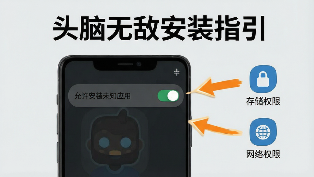 一张展示头脑无敌在安卓手机上安装权限设置界面的示意图,画面中手机屏幕显示“允许安装未知应用”开关按钮,旁边有箭头指向“存储权限”和“网络权限”图标,背景为浅灰色,标注“头脑无敌安装指引”文字,风格简洁明了,画质清晰