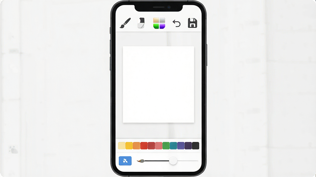 һ��չʾ����painting����������ֻ���ͼ�����������ǰ�ɫ�����������й��������������ʡ���Ƥ����ɫѡ�񡢳����������ͼ�꣬�ײ��е�ɫ�̺ͱ�ˢ��ϸ���飬���岼�ּ����ˬ�����Ϊ�ִ���ƽ��UI��ƣ�ϸ�����������ʸɾ����޶���Ԫ��