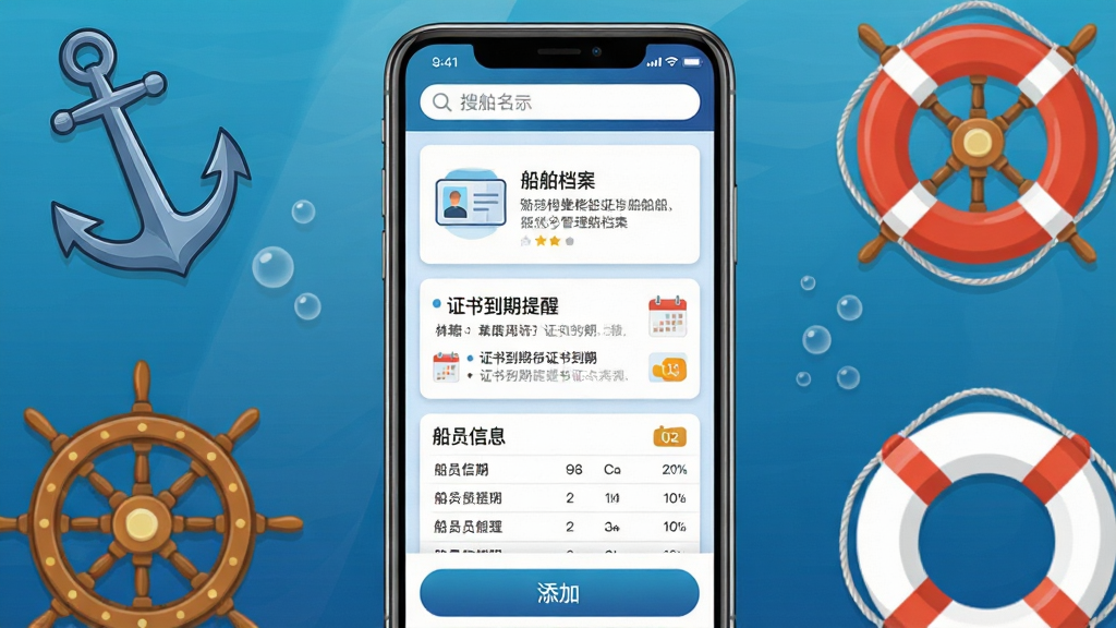 ������ҵAPP�����������ܽ��棬��������չʾ�ֻ���Ļ����Ļ�ϳ��ִ���������Ƭ��֤�鵽�������б��ʹ�Ա��Ϣ�����ֻ���Χ��ê�����ֺ;���Ȧ�Ⱥ���Ԫ�ز廭������Ϊ����ɫ���䣬�������ֻ����У������д����������������ײ������Ӱ�ť�����רҵʵ�ã�ϸ�ڰ���֤��ͼ����������ѣ������������ɾ����޶���Ԫ��