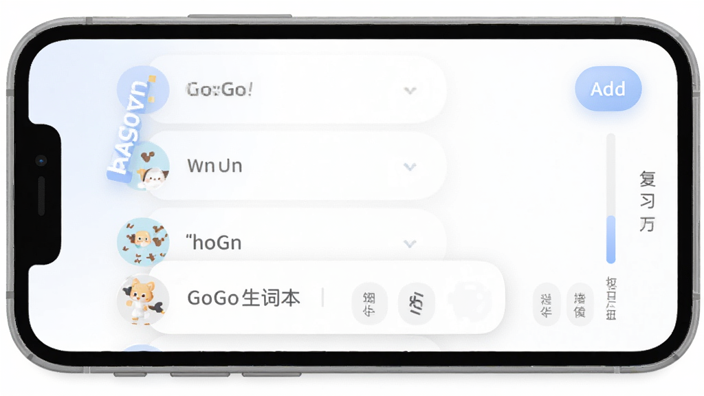 英语GoGo生词本功能界面图,主体为手机屏幕展示生词本列表,包含多个单词条目和分组标签,布局为垂直列表,风格柔和圆角设计,细节有添加按钮和复习进度条,画质清晰,干净,无多余元素
