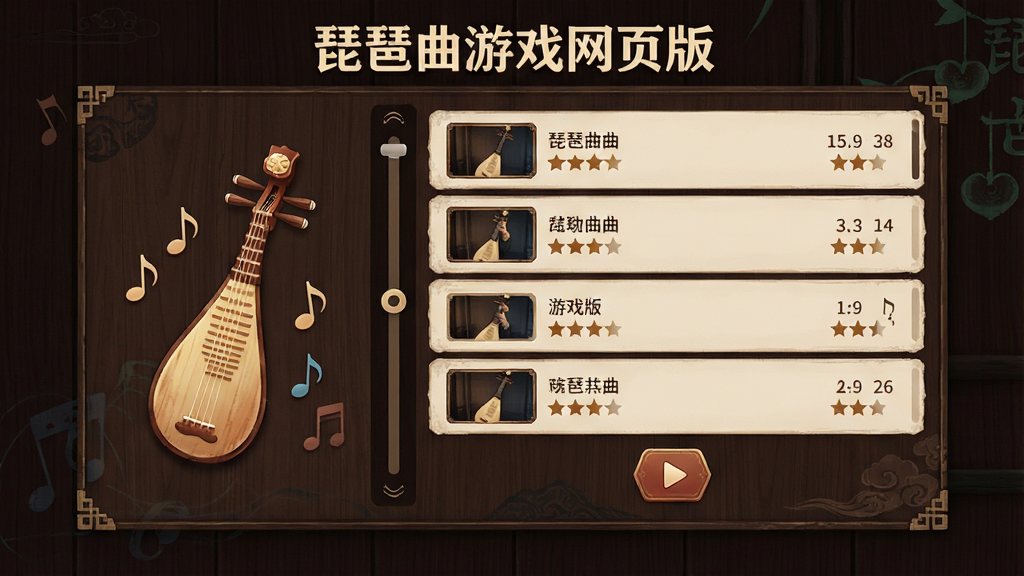 一张以“琵琶曲游戏网页版”曲库界面为主题的展示图,画面中央是一个古风风格的曲目列表面板,左侧有琵琶图标和音符符号,右侧排列着多首曲目名称与难度星级,背景为深色木质纹理,布局为左右分栏式,风格为国风UI界面插画,细节上突出滚动条和播放按钮,画质清晰干净,无多余元素,画面中可加入文字“琵琶曲游戏网页版”
