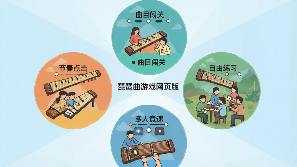一张展示“琵琶曲游戏网页版”多种游戏模式的示意图,画面由四个圆形图标组成菱形排列,分别代表节奏点击、曲目闯关、自由练习和多人竞速,每个图标内都有对应的简笔场景,背景为淡蓝色渐变,布局为菱形放射式,风格为扁平图标插画,细节上突出每个模式的特色符号,画质清晰干净,无多余元素,画面中可加入文字“琵琶曲游戏网页版”