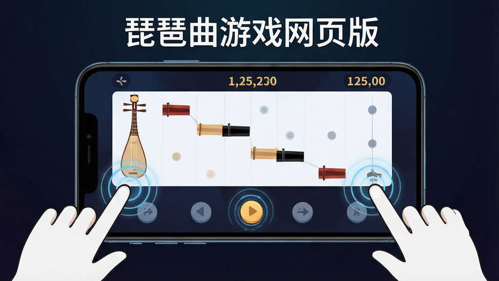 一张展示“琵琶曲游戏网页版”移动端操作界面的示意图,画面主体是一部横向握持的智能手机,屏幕中显示琵琶曲游戏的下落音符轨道和触控按钮,手机周围有手指点击的简笔示意,背景为深色渐变,布局为居中特写式,风格为扁平科技插画,细节上突出触控反馈波纹和得分数字,画质清晰干净,无多余元素,画面中可加入文字“琵琶曲游戏网页版”