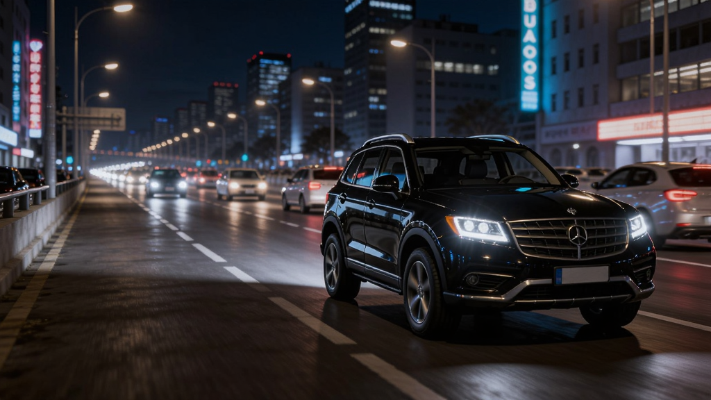����������һ����ɫSUV��ʻ��ҹ�����е�·�ϣ���Χ���޺�ơ�·�ƺͳ����������ϳ���λ�ڻ����Ҳ࣬��·�������죬�Ű���ú�������ͼ�����Ϊдʵ3Dҹ����Ⱦ��ϸ�ڰ����������䡢·�淴�⡢�����ƹ⣬���������ɾ����������޶���Ԫ�أ�����ɫ��ƫ������ů�ƶԱȡ�