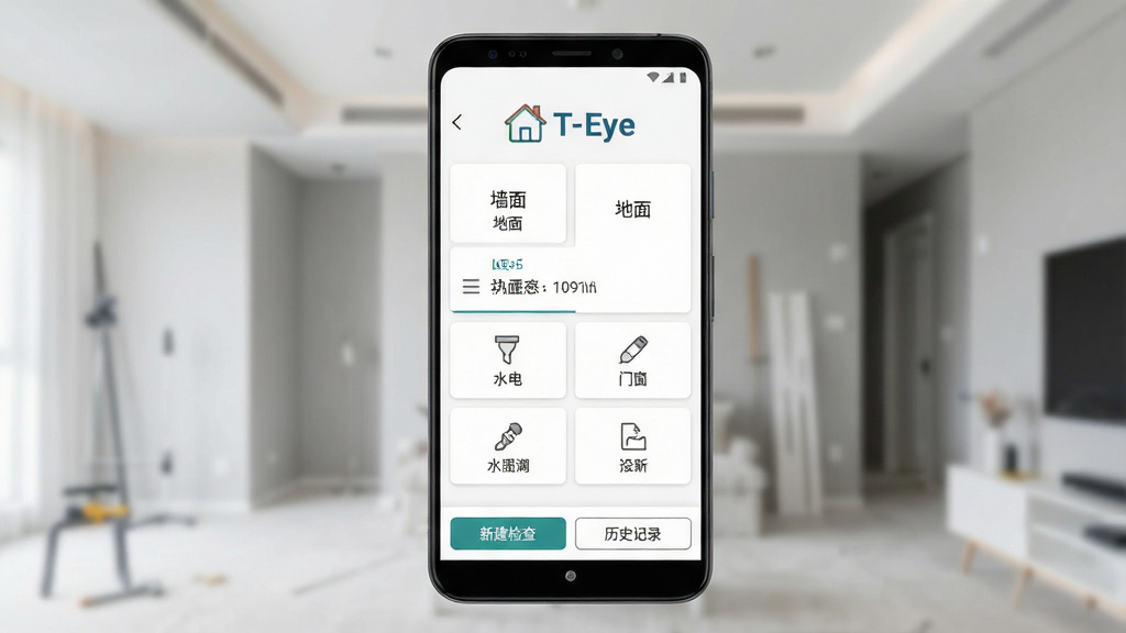 一张展示T-Eye房屋查验软件主界面的手机预览图,画面中央是一部竖屏安卓手机,屏幕内显示T-Eye应用首页,顶部为软件名称T-Eye与房屋图标,中部为查验项目卡片列表,包含墙面、地面、水电、门窗等条目,底部为新建检查与历史记录按钮。背景为浅灰色室内装修场景虚化处理,风格简洁现代,细节清晰,画质干净,无多余元素。