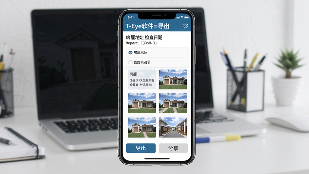 T-Eye软件报告导出界面示意图,画面为手机屏幕显示检查报告预览页,报告顶部有房屋地址与检查日期,中部为问题列表与照片缩略图,底部有导出与分享按钮。背景为简洁办公桌面,风格商务清新,细节清晰,画质干净,无多余元素。