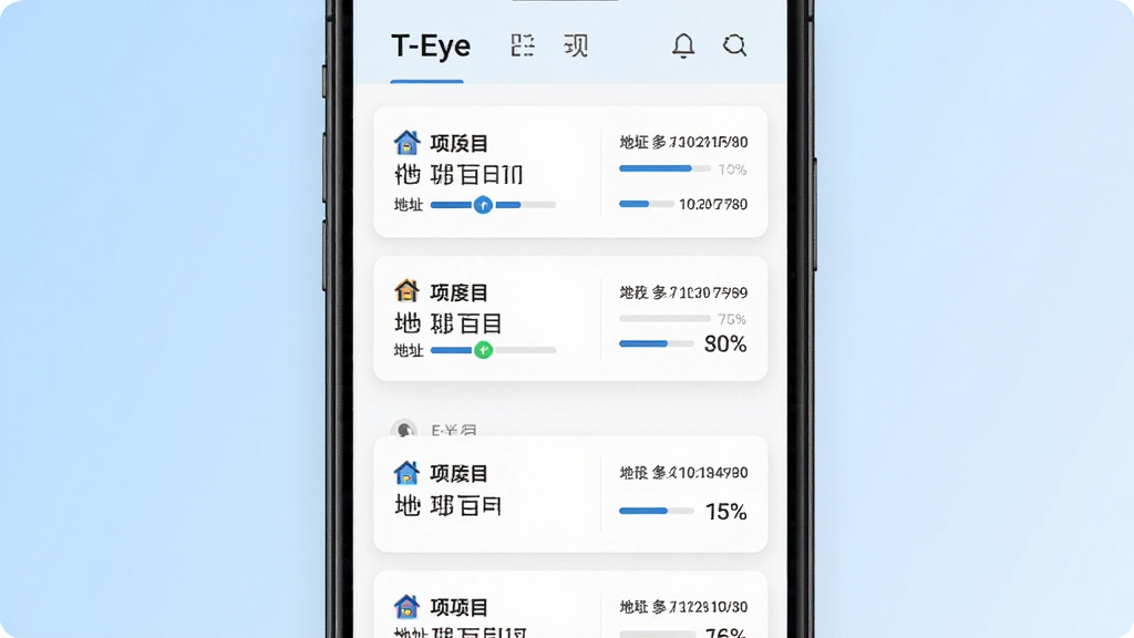 T-Eye多项目管理界面展示图,画面为手机屏幕显示项目列表页,列表中包含多个房屋检查项目卡片,每张卡片显示项目名称、地址、进度百分比与最后修改时间。背景为浅蓝色渐变,风格简约清爽,细节清晰,画质干净,无多余元素。