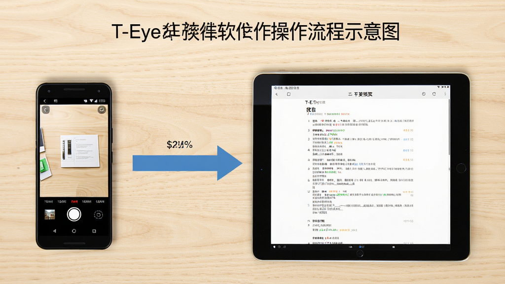 T-Eye软件操作流程示意图,画面为一部安卓手机与一部平板电脑并排展示,手机屏幕显示拍照记录界面,平板屏幕显示报告预览界面,两者之间用箭头连接表示数据流转。背景为浅色木纹桌面,风格简洁商务,细节清晰,画质干净,无多余元素。