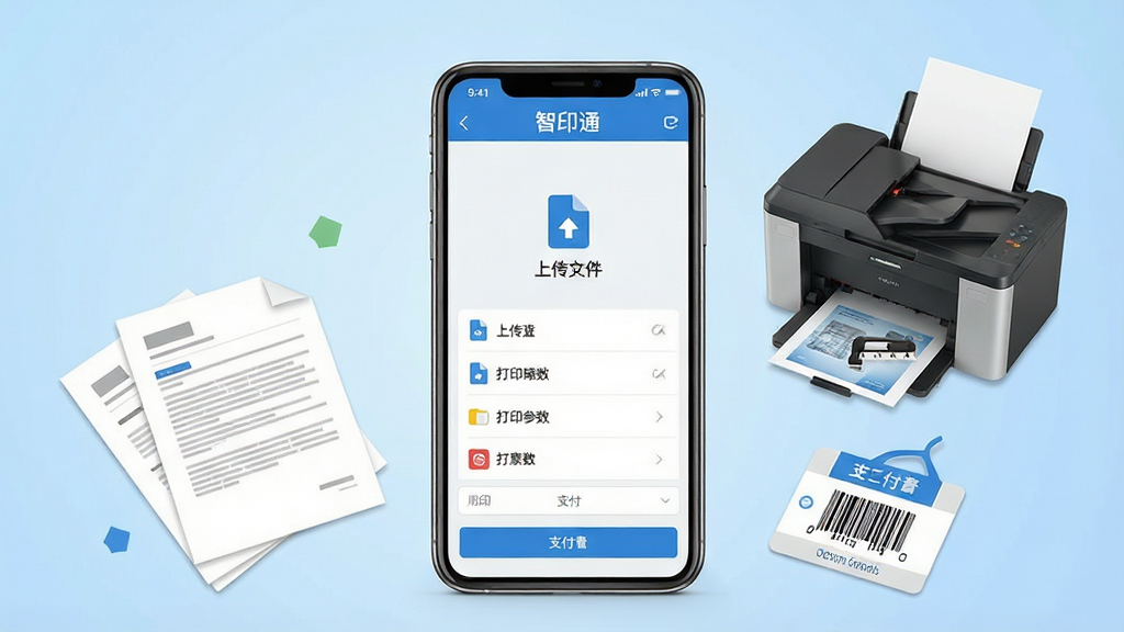 一张展示智印通自助打印软件界面的手机应用展示图,画面中央是一部竖屏智能手机,手机屏幕上显示智印通App的文件上传页面与打印参数设置界面,屏幕上方有