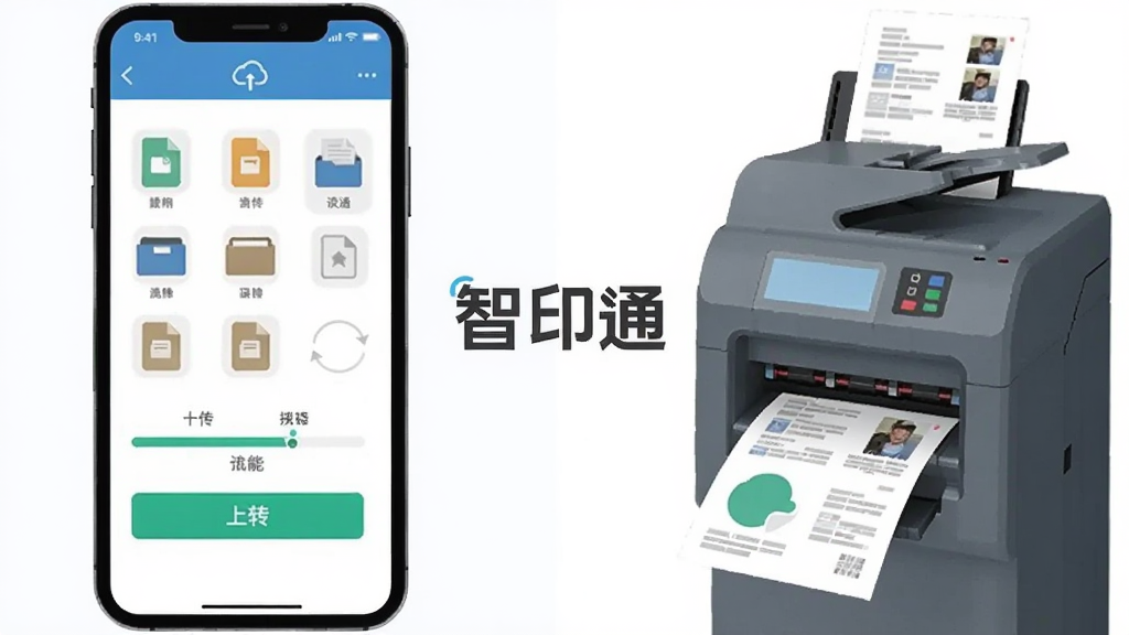 一张展示智印通手机上传文件功能的场景图,画面左侧是一部手机,屏幕显示文件选择列表和上传进度条,右侧是一台自助打印机正在输出纸张,画面中央有