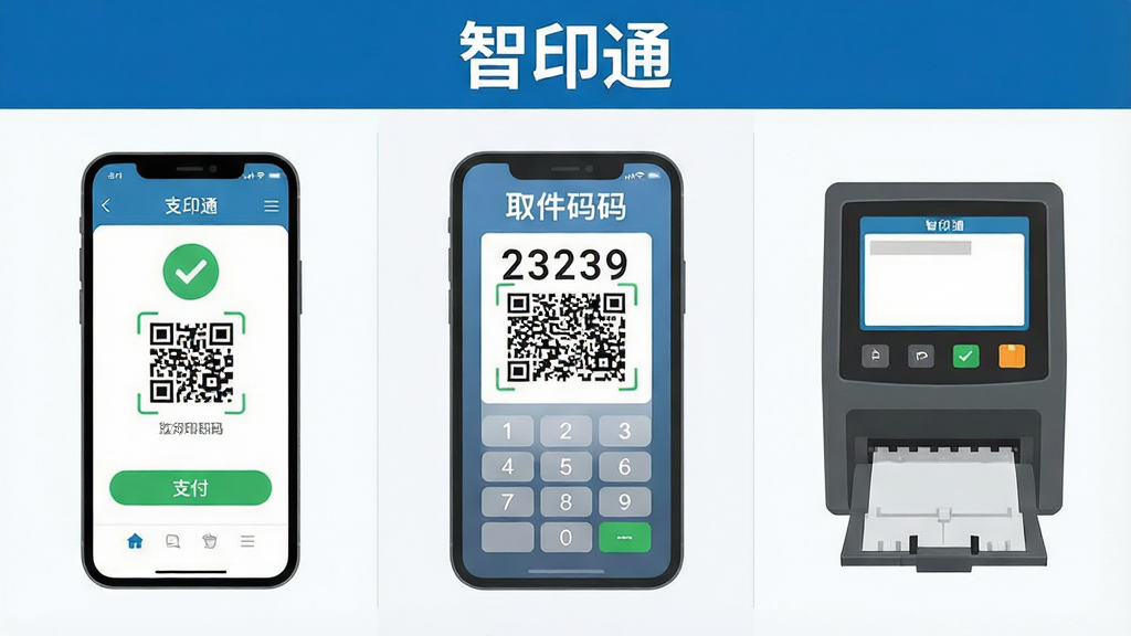 一张展示智印通在线支付与取件码取件流程的示意图,画面分为三个区域,左侧为手机支付界面,中间为取件码数字展示,右侧为打印机终端输入面板,画面顶部有